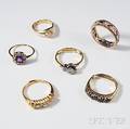 Six Mostly 14kt Gold Diamond and Gemset Antique Rings