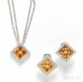 18kt White Gold Diamond and Citrine Pendant and Earrings