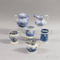 Six Staffordshire Blue and White Transferdecorated Vessels