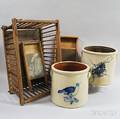 Two Stoneware Crocks Two Washboards and a Bread Basket