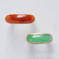 Two 14kt Gold and Jade Saddle Rings