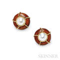 18kt Gold Wood and Mabe Pearl Earclips