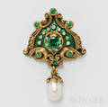 Art Nouveau 18kt Gold Demantoid Garnet and Pearl PendantBrooch Marcus amp Co