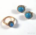 14kt Gold Turquoise Cabochon and Rosecut Diamond Ring and Earrings