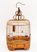 Chinese Bamboo Birdcage wPorcelain Feed Jars