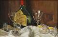 Arnold Whitman Knauth II American b 1918 Tabletop Still Life with Cognac Bottle and Glasses