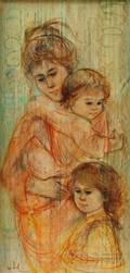 Edna Hibel American b 1917 Mother with Two ChildrenComposition in Orange