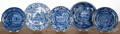 Five Staffordshire blue transferware plates
