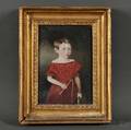 AngloAmerican School 19th Century Small Portrait of a Boy in a Red Dress Holding a Riding Crop