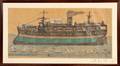 Large Framed Wax Crayon Pencil and Decoupage on Paper View of a Steamship