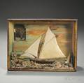 Small Carved Painted and Shellwork Shadow Box Diorama of the Yacht Tormentor