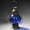 Blackpainted Tin and Blue Glass Onion Lantern