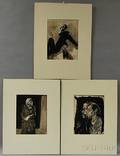 Johann Robert Schrch Swiss 18951941 Three Figural Ink Drawings Couple in Profile Standing Woman with Clasped