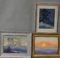 Roy B Peebles American 18991957 Three Small Oil Landscapes Sunrise over the Hills Mountain Lake