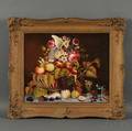 American School 19th Century Tabletop Still Life with Porcelain Basket of Fruit and Flowers