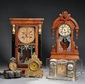 Gilbert Walnut Shelf Clock and Four Other Clocks