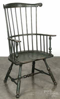 Contemporary painted fanback Windsor armchair retaining a green surface