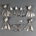 Twentynine Coin Silver Serving Spoons a Jellyspoon and Two Pairs of Sugar Tongs