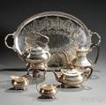 Fourpiece Edward VII Sterling Silver Tea Set with an Associated Sterling Silver Coffeepot and Silverplated Tray