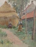 American School 19th20th Century Peasants by a Thatched Cottage Probably Brittany