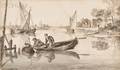 Dutch School 18th Century View of a River with a Fisherman in a Boat Pulling Eel Traps