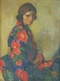 Boston School 19th20th Century Portrait of a Woman in a Flowered Kimono