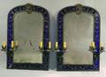 Pair of Cobalt Glass and Wrought Iron Illuminated Fourlight Mirrors