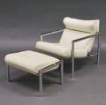 Modern Steelframe White Leatherupholstered Lounge Chair and Ottoman