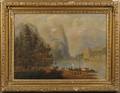 H Baumgartner Continental 19th Century Mountain Lake with Cabin and Sailing Vessels