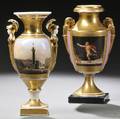 Two Continental Polychrome Enameldecorated and Gilded Urnform Porcelain Vases