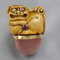 14kt Gold Carved Resin Foo Dog and Rose Quartz Brooch
