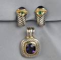 Sterling Silver 14kt Gold and Amethyst Pendant and Earrings David Yurman