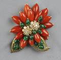 18kt Gold Coral and Emerald Flower Clip Brooch