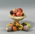 Twopart Carved Marble Compote with Eighteen Pieces of Stone Fruit