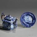Blue Transferdecorated Staffordshire Pottery Teapot and Small Plate