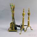 Pair of Urntop Brass Andirons and Tools