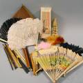 Collection of Wood Bone and Feather Antique Hand Fans and Wood and Bone Knitting Needles