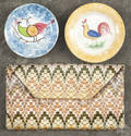 Yellow spatterware cup plate with rooster