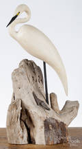 Contemporary carved and painted egret mounted on driftwood