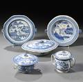 Five Blue and White Canton Porcelain Serving Dishes