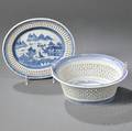 Blue and White Canton Oval Porcelain Fruit Bowl with Underplate
