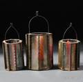 Three Small Tin and Painted Glass Hanging Christmas Candle Lantern Ornaments