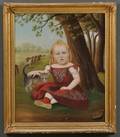 American School 19th Century Portrait of a Young Girl in a Landscape with Her Tabby Cat
