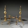 Pair of Brass and Iron Steepletop Andirons and Two Matching Tools