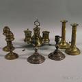 Six Mostly Brass Lighting Items and a Brass Standish