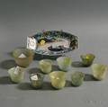 Ovoid Japanese Porcelain Tray and Nine Celadon Cups