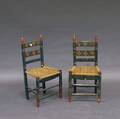 Pair of Mexican Polychrome Floraldecorated Slatback Side Chairs with Woven Rushtype Seats