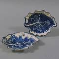 Two Bow Handpainted Blue and White Porcelain Leafform Dishes