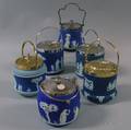 Six Wedgwood Dark Blue Jasper Biscuit Jars