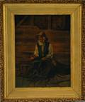 American School 19th20th Century Man Husking Corn in a Barn Interior